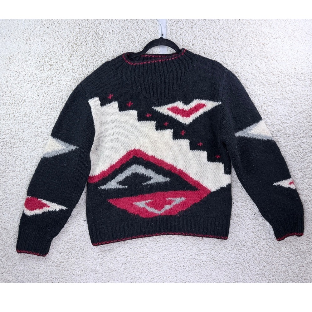 Woolrich Sweater Women L Black Red Vintage 100% Wool Southwestern Geometric Good